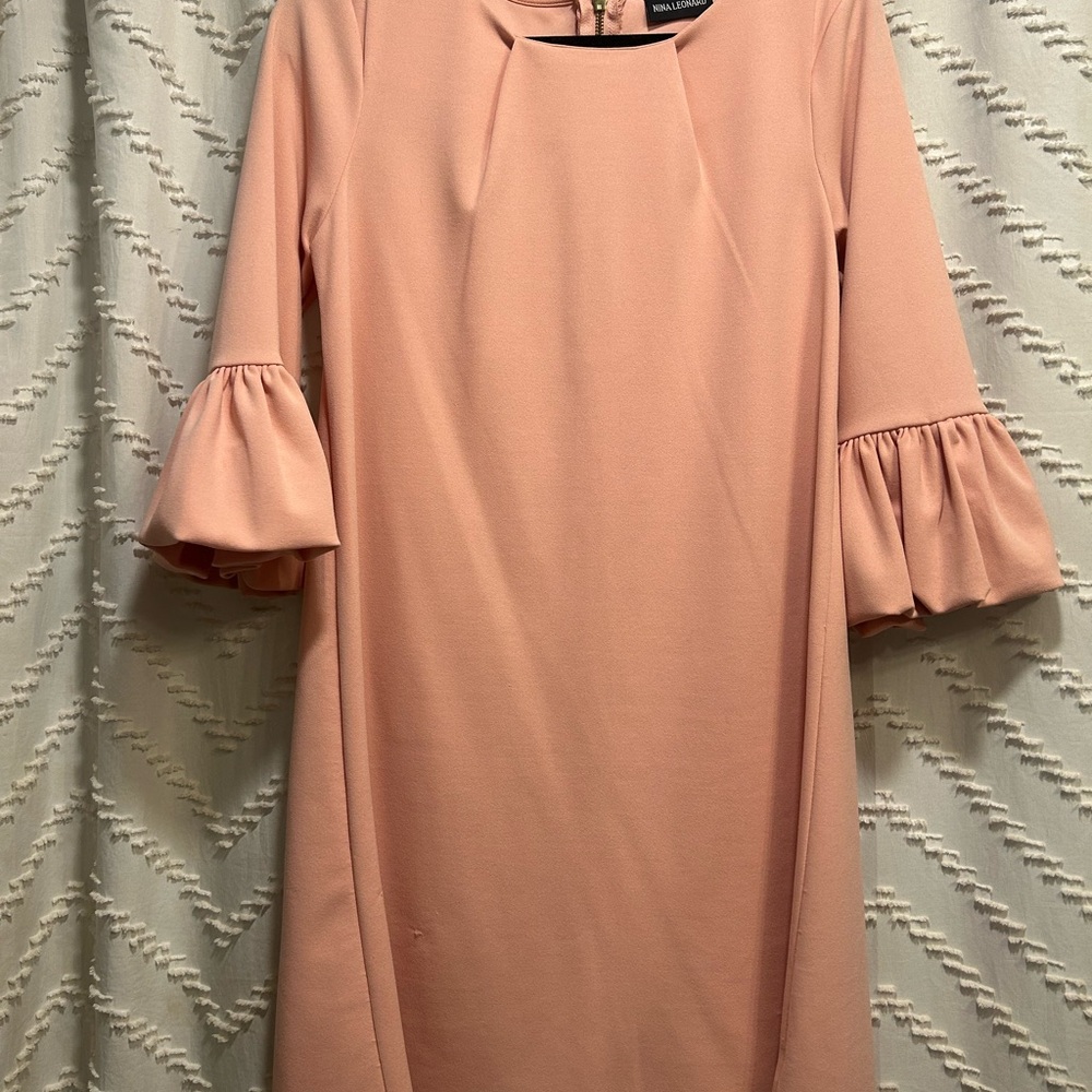 Nina Leonard Pink Long Sleeve Dress with Ruffle Sleeves